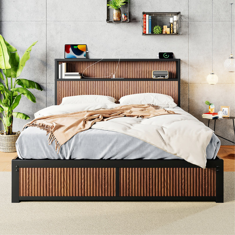 Cadre de lit moderne pour chambre à coucher, chambre d'amis, cadre de lit, cadre de lit plateforme en bois avec tiroir de rangement