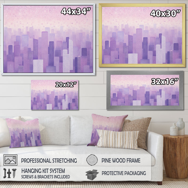 «Lilac Layers Skyscrapers», horizon urbain sur toile, H 24 po x l 32 po x P 1 po, Cadre simple noir