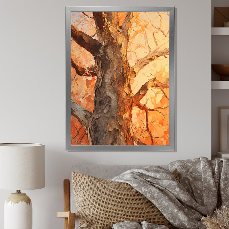 Tree Sycamores Peach Collage, reproduction d'art sur toile, Cadre simple argenté, H 32 po x l 24 po x P 1 po