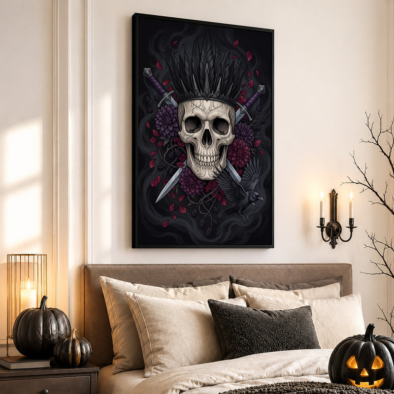 Impression sur toile gothique crâne gothique avec couronne de plumes noires et mauve, H 18 po x l 12 po