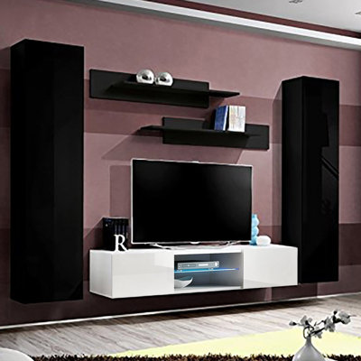 100" Modern Floating Wall Mounted Entertainment Center with 16-Color LED Lighting, High Gloss Finish