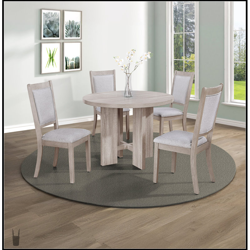 Ensemble de salle à manger 5 pièces avec table ronde et chaises rembourrées, finition en bois de grève beige pour un confort et un style modernes
