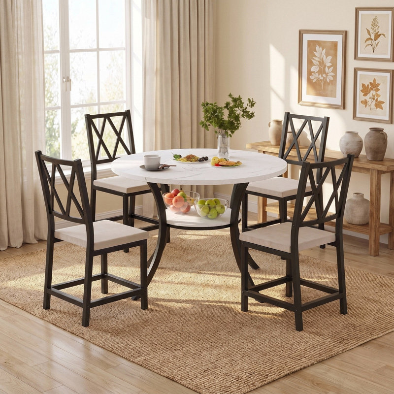 Ensemble de table de salle à manger extensible 5 pièces 35,4 po, Crème, crème, Blanc, Noir