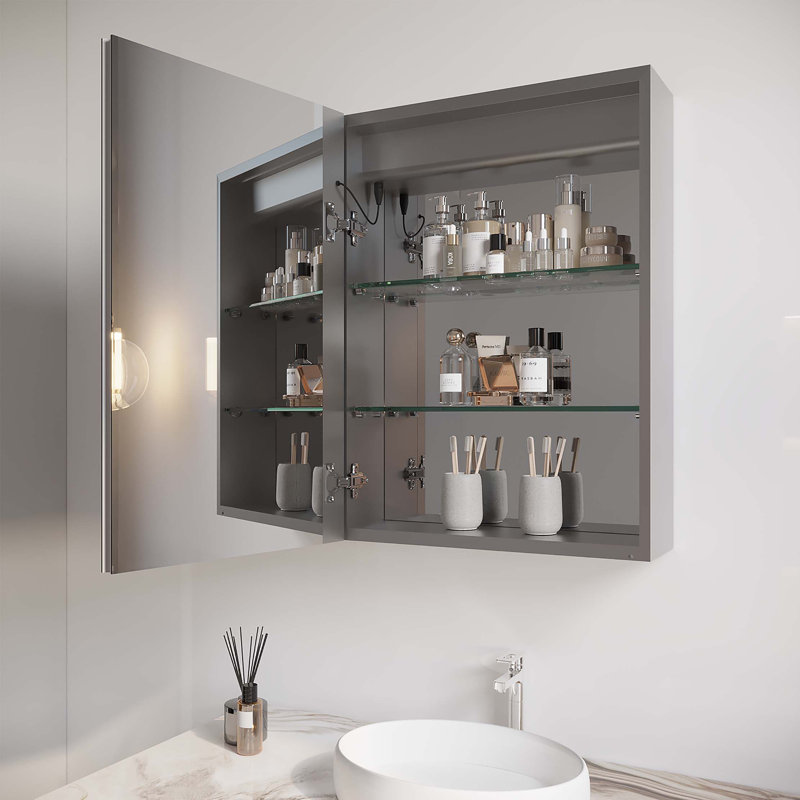 Armoire de salle de bain avec miroir à DEL, anti-buée, imperméable, armoire de salle de bain lumineuse à porte simple 3000K ~ 6000K avec interrupteur tactile, à intensité variable, encastrée ou à fixation en surface