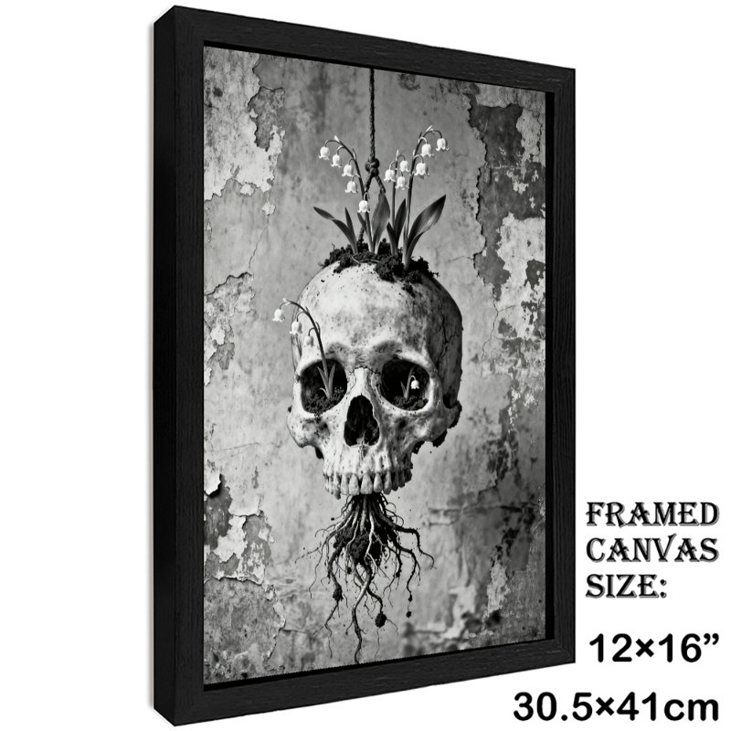 Art encadré noir, plantation de fleurs sur des crânes, impressions de style rétro, H 17 po x l 13 po