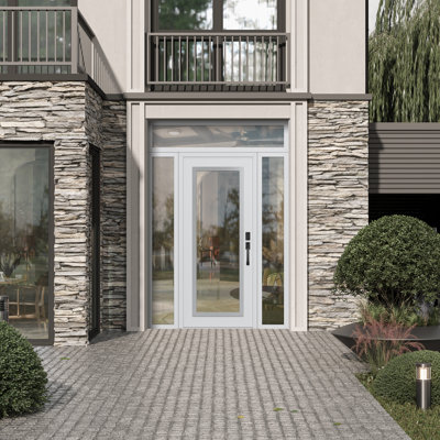 C1 Panel Silver Steel White/White With 2 Sidelites And Transom Prehung Front Entry Door