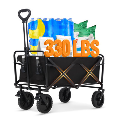 Chariot de jardin pliable ultra-résistant - Roues tout-terrain en PVC de 18 cm, cadre en acier pliable, poignée réglable, deux porte-gobelets - Capacité de 100 L, charge maximale de 100 kg