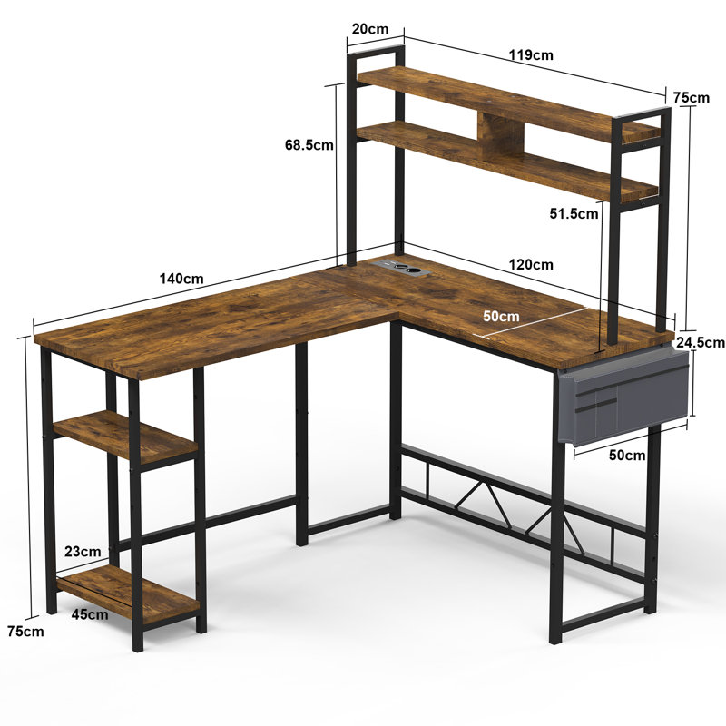 L-Shape Computer Desk 140cm x 50cm x 75cm with Adjustable Storage Rack, 90cm x 50cm x 75cm, Black, Black