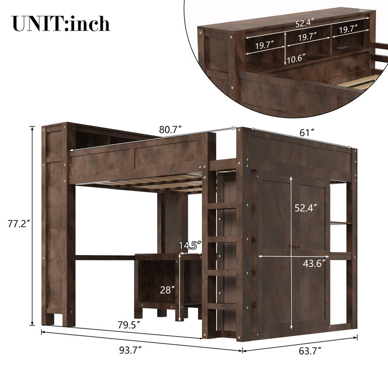 Grand lit mezzanine en bois avec bureau, garde-robe et tête de rangement avec port USB, brun, Brun