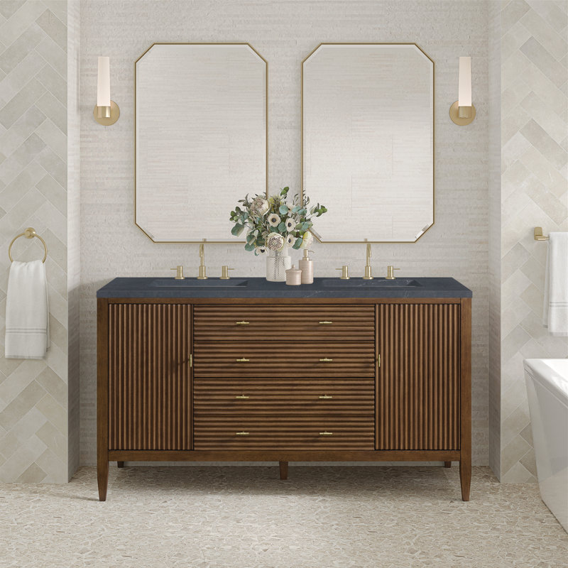Myrrin 60'' W Double Vanity, Mid-Century Walnut, Charcoal Soapstone, 8" Widespread