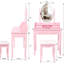 Meuble-lavabo rose avec miroir, 4 tiroirs, tabouret rembourré, DEL, espace de rangement spacieux, fabrication, repose-pieds antidérapants, tiroir de maquillage, surface confortable, décoration élégante pour la chambre à coucher, facile à installer-130041066
