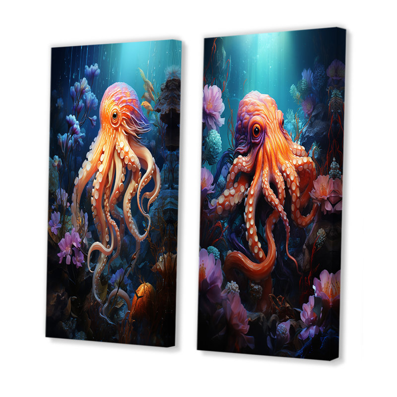 Popart Octupus Impression - ensemble de 2 reproductions d'art sur toile pieuvre / calmar, Toile tendue, H 28 po x l 25 po