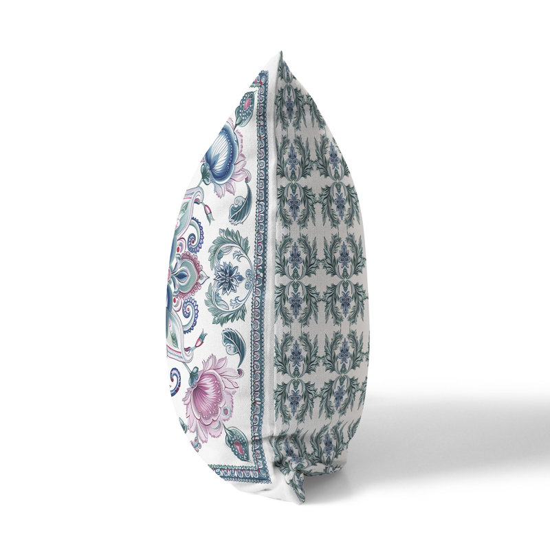 Coussin Leafy Bouquet, H 16 po x l 16 po, Bleu / Rose