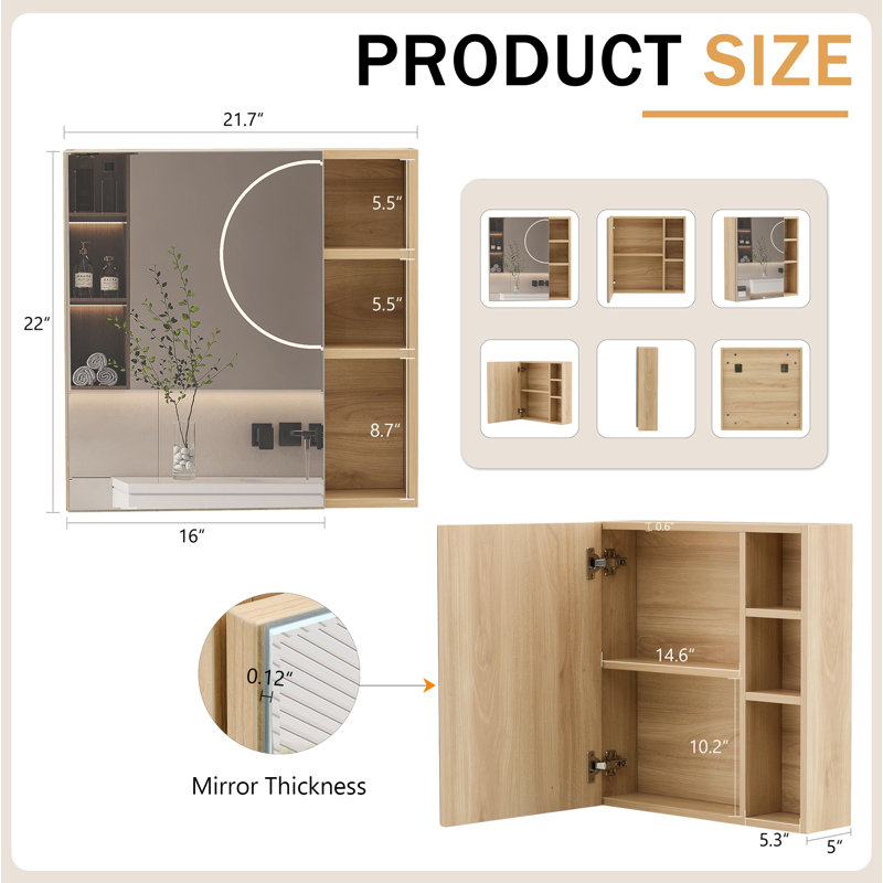 Natural Wood Grain Multi-Function Mirror Cabinet - Clear Mirror and Storage Space. MDF material mirror cabinet,a separate wall mounted bathroom mirror for storage and space saving