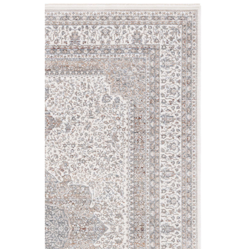 Tapis oriental en polyester / viscose tissé à la machine Sorrels en ivoire / gris / beige, Carré 6 pi 3 po