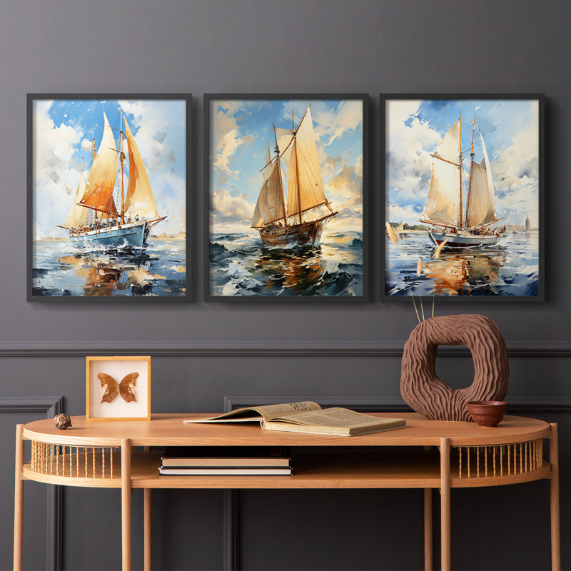 Série Sea and Shore Lxxi -Set de 3 estampes numériques giclées -Prêt à accrocher, Noir, noir, noir, noir, H 10 po x l 24 po