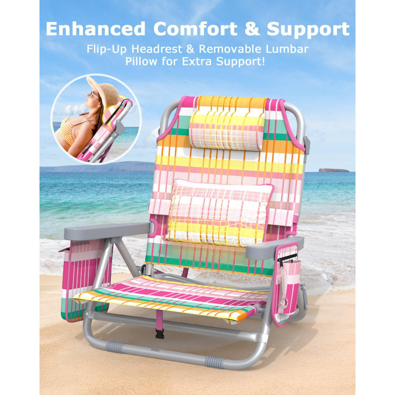 Backpack Beach Chair Reclining, Portable Folding Beach Chairs with 5 Adjustable Positions, Built-in Cooler & Backpack Straps