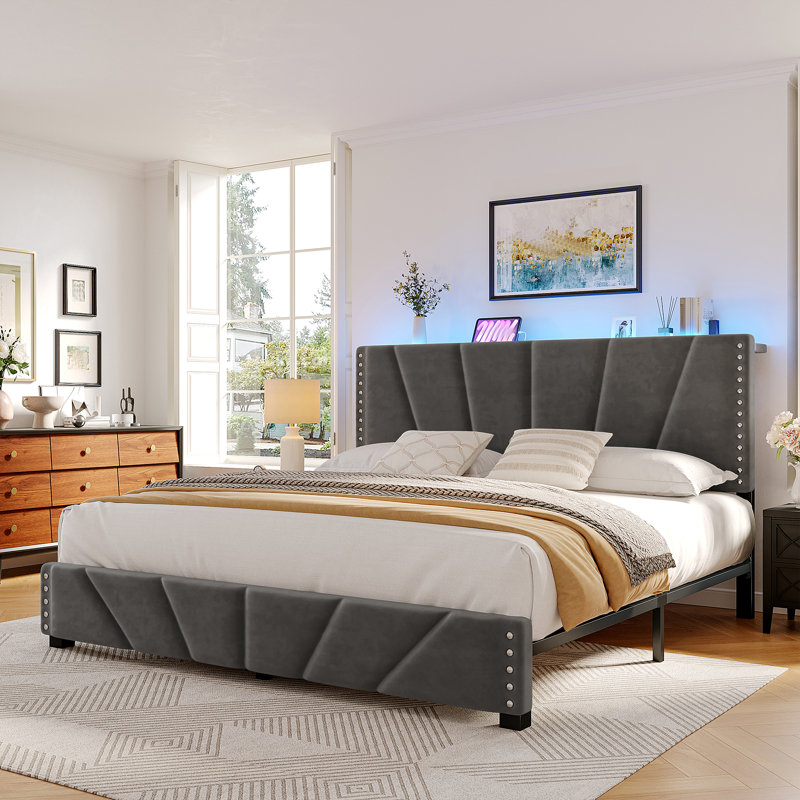 Bed Frame With Velvet Headboard, Storage Platform Bed With Charging Station And Led Lights, Gray, King
