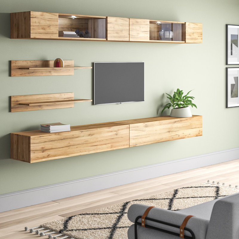 Chanera 126" Modern Floating Wall Mounted Entertainment Center with 16-Color LED Lighting, High Gloss Finish, Oak