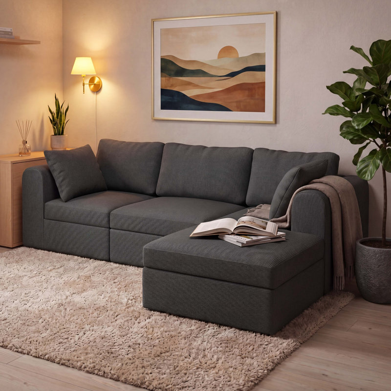 Canapé modulaire en velours côtelé en L 103,5 po pour salon, siège modulaire en velours côtelé avec repose-pieds, aucun assemblage requis (3 places + repose-pieds)