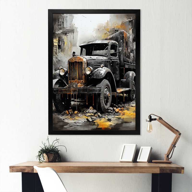 Vieux camion d'ordures noir, reproduction sur toile, Cadre simple noir, H 32 po x l 16 po x P 1 po