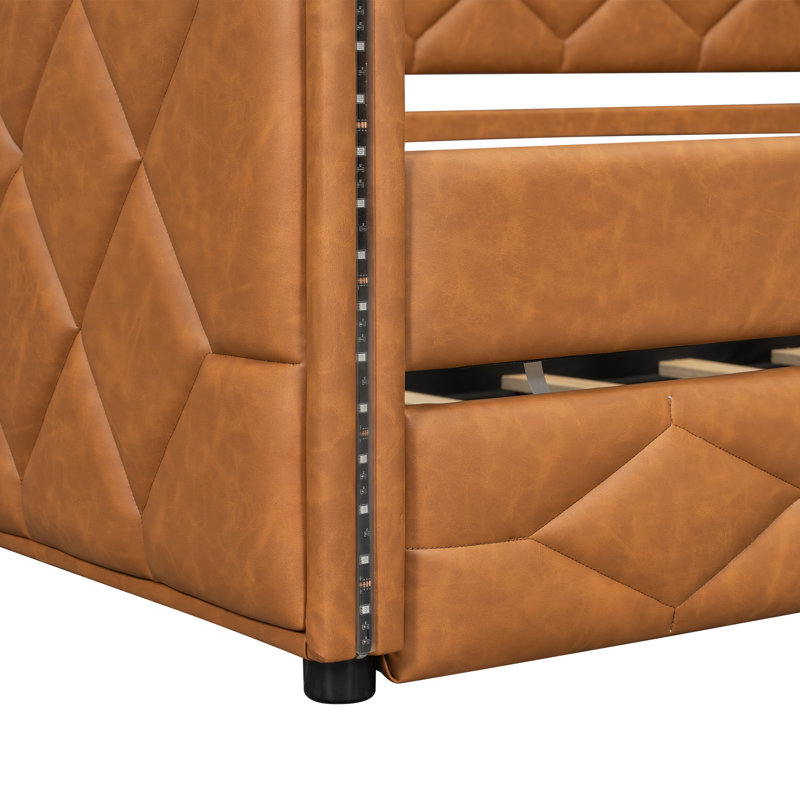Lit de jour double rembourré de taille XL avec lit gigogne et lumières DEL, lit de jour capitonné de luxe, Brun