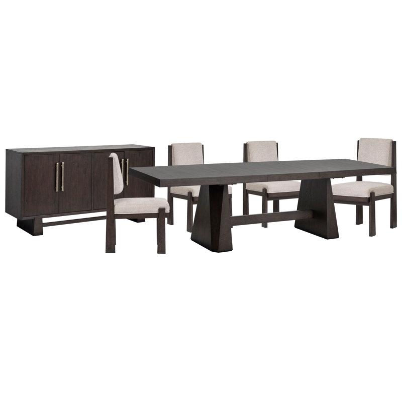 Extendable Double Pedestal Dining Table With 4 Upholstered Side Chairs And Buffet, 6 Pieces: Table, 4 Chairs, Buffet