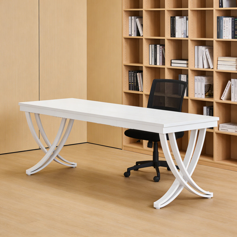 Nordic-Style All-White Curved-Leg Office Desk With Minimalist Design For Small-Space Home Offices & Bedrooms, White/White