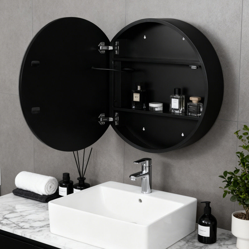 Round LED Medicine Cabinet with Mirror, 24", Black, Round