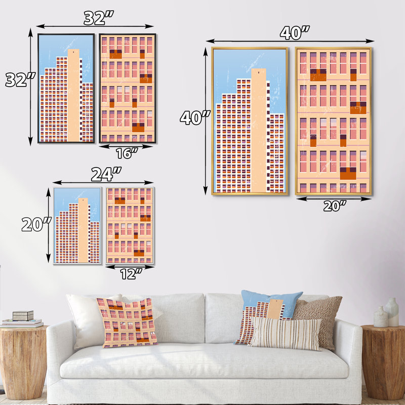«Modern Architecture in Retro Shades of Pink I», ensemble de 2 impressions, H 20 po x l 24 po x P 1 po, Toile avec cadre doré