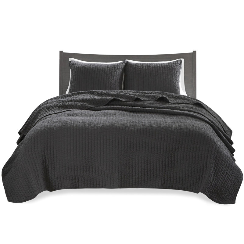 Courtepointe noir très grand / très grand, 3 pièces, motif corail réversible, microfibre douce, rembourrage en coton, piquage à point, lavage à la machine, courtepointe