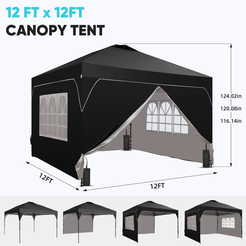 12 Ft X 12 Ft One-Push Set Up Canopy Tents With Sidewalls And Sandbags, Black