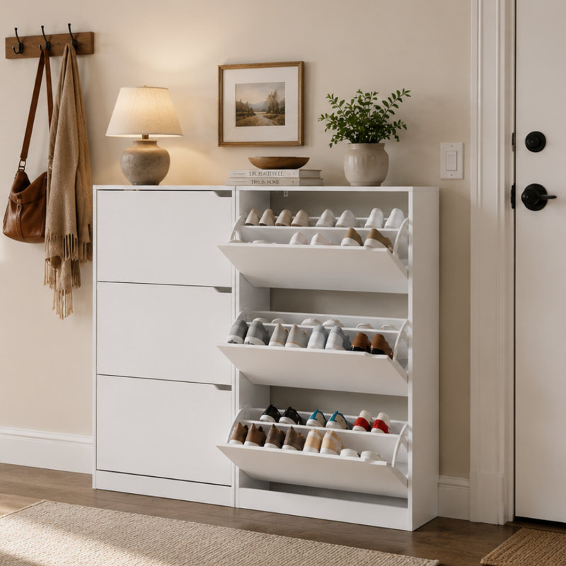Armoire de rangement à chaussures à 3 niveaux avec tiroirs rabattables, range-chaussures autoportant pour 16 à 20 paires de 31,5 po de largeur pour le vestibule