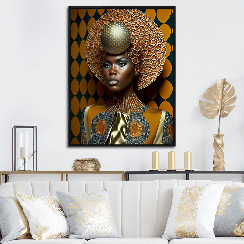 «Exquiste African Woman Design VI», reproduction sur toile, H 20 po x l 12 po x P 1 po, Cadre flottant noir