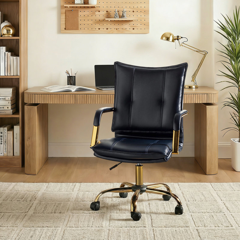 Lundgren Faux Leather Task Chair with Padded Arms, Navy Pebbled Faux Leather