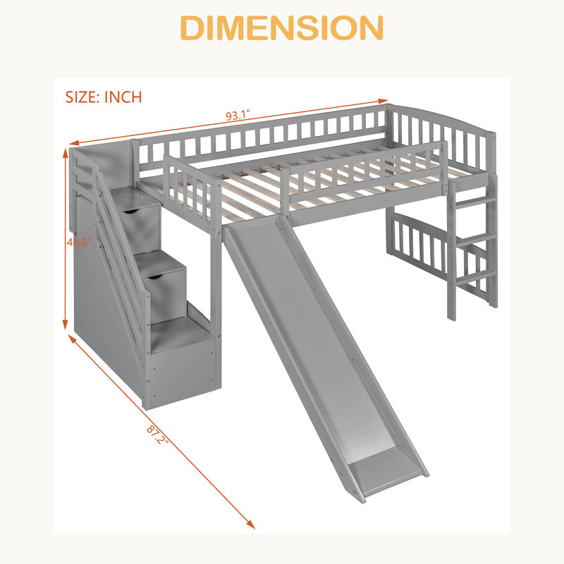 Lit mezzanine simple avec glissière Stairway, Gris