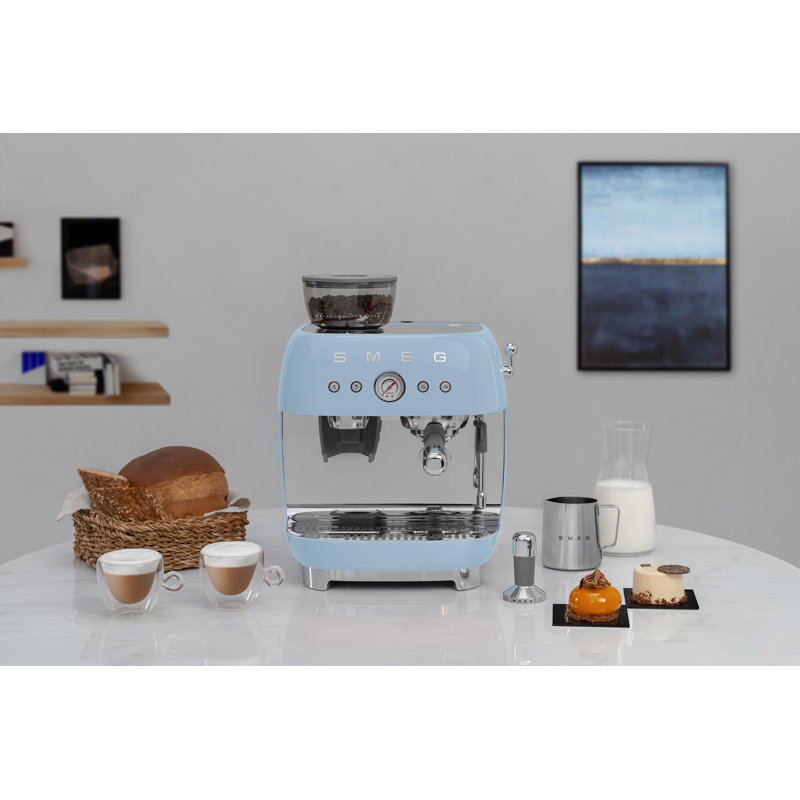 SMEG 50's Retro Style Aesthetic Semi-Automatic Espresso Coffee Machine with Grinder, Pastel Blue
