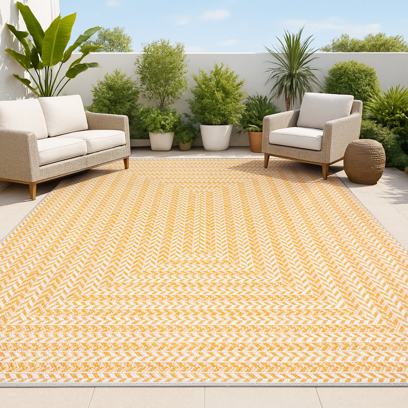 Chevron Modern Concentric Squares Orange/Cream Indoor/Outdoor Rug, Rectangle 3'11" x 6'