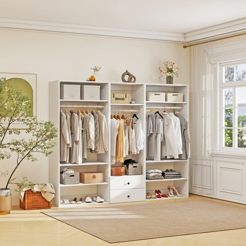 Système d'organisation modulaire blanc avec 3 tringles, 7 tablettes et 2 tiroirs
