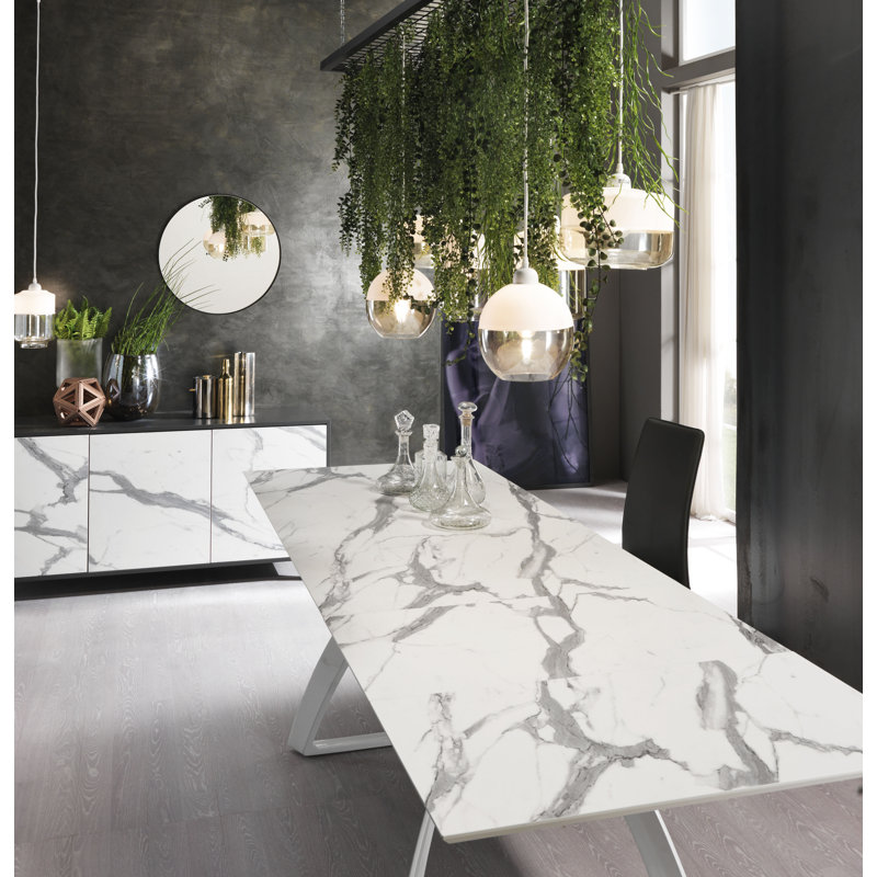 Tilbury Extendable Metal Base Dining Table, White, Calacatta Marble