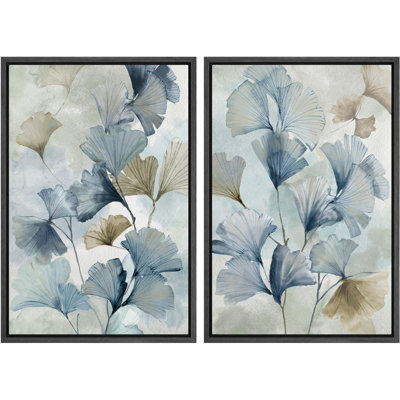 Blue Ginkgo Leaves Minimalist Abstract Botanical Modern - Framed Canvas Bedroom Wall Art Set 2 Print