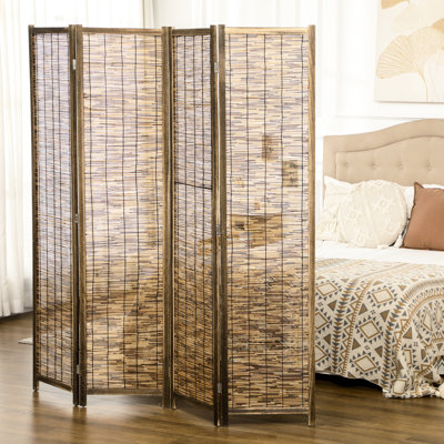 4 écrans d'intimité à 4 panneaux pliables portatifs de 5,5 pi. Cloison tissée, en bois, pour cloison de vestibule. Surface tissée et flexible