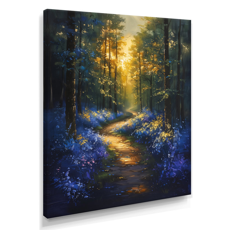 Sentier floral vert et jaune dans un bois chuchotant - impression d'art mural forêt, Toile tendue, H 12 po x l 20 po x P 1 po
