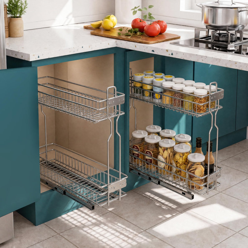 Organisateur de cuisine robuste à 2 niveaux escamotable - Support à épices coulissant chromé pour armoires sans cadre - Glissières à roulement à billes silencieuses - Convient aux bouteilles et aux pots - 5,7 pouces de large