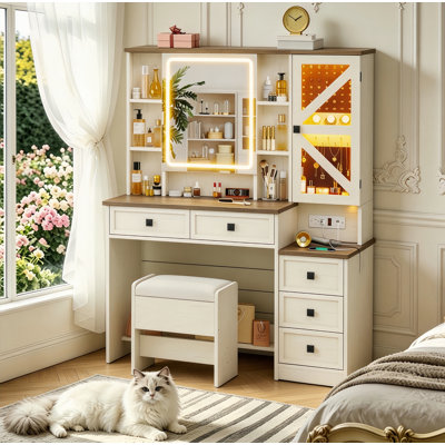 White Makeup Vanity Set with Lights and Mirror & Storage Stool Dressing Vanity Table for Bedroom