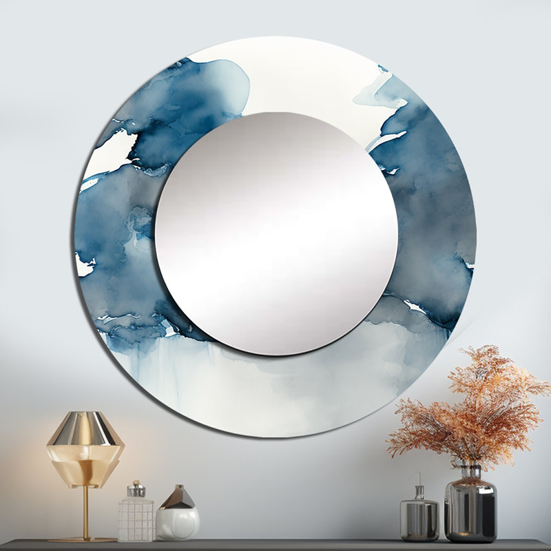Feeling Honolulu Blue II - Abstract Liquid Ink Round Mirror Wall Decor, 23" x 23"