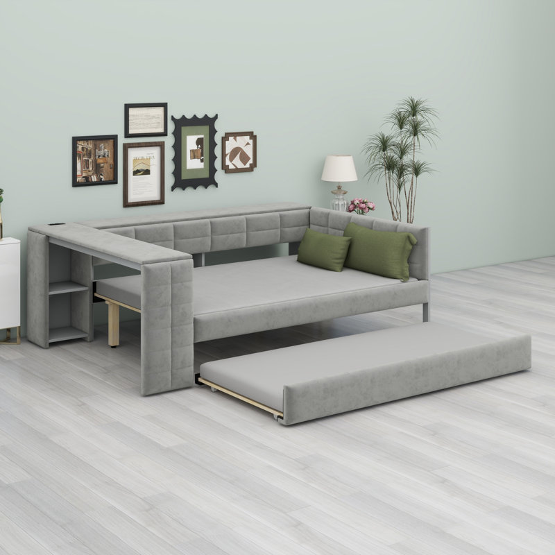 Lit plateforme tapissier avec tablettes de rangement, bureau, station de charge et lit gigogne, Gris
