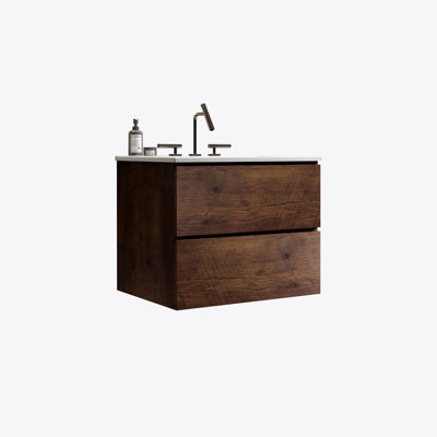 Meuble-lavabo mural en noyer de 24 po avec lavabo en céramique avec trois trous de robinet, grand meuble-lavabo flottant de rangement pour salle de bain moderne, lavabo une pièce sans drain, pré-assemblé