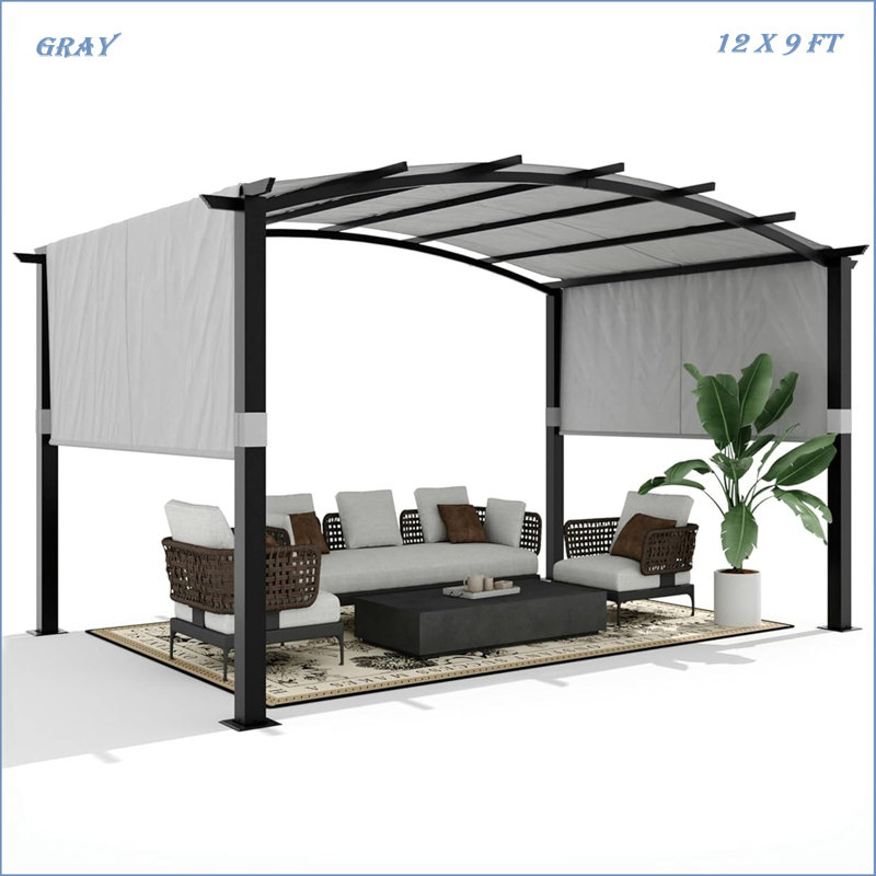 Pavillon de jardin en métal de 12 po x 9 pi avec abat-jour rétractable pour terrasse de jardin, Gris