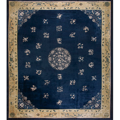 Antique Wool Hand Knotted Pile Blue 1900s Rug